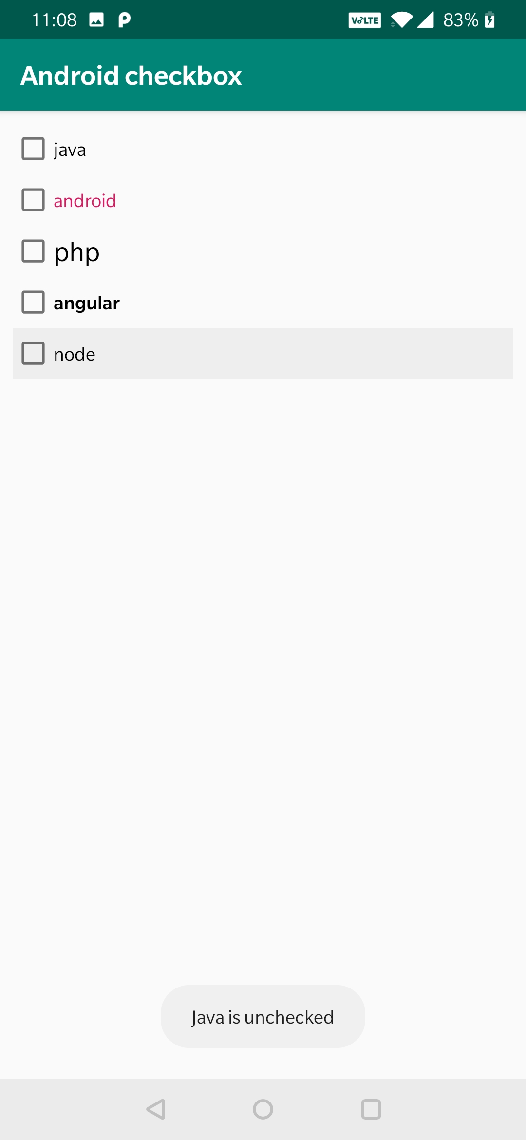 android checkbox unchecked output